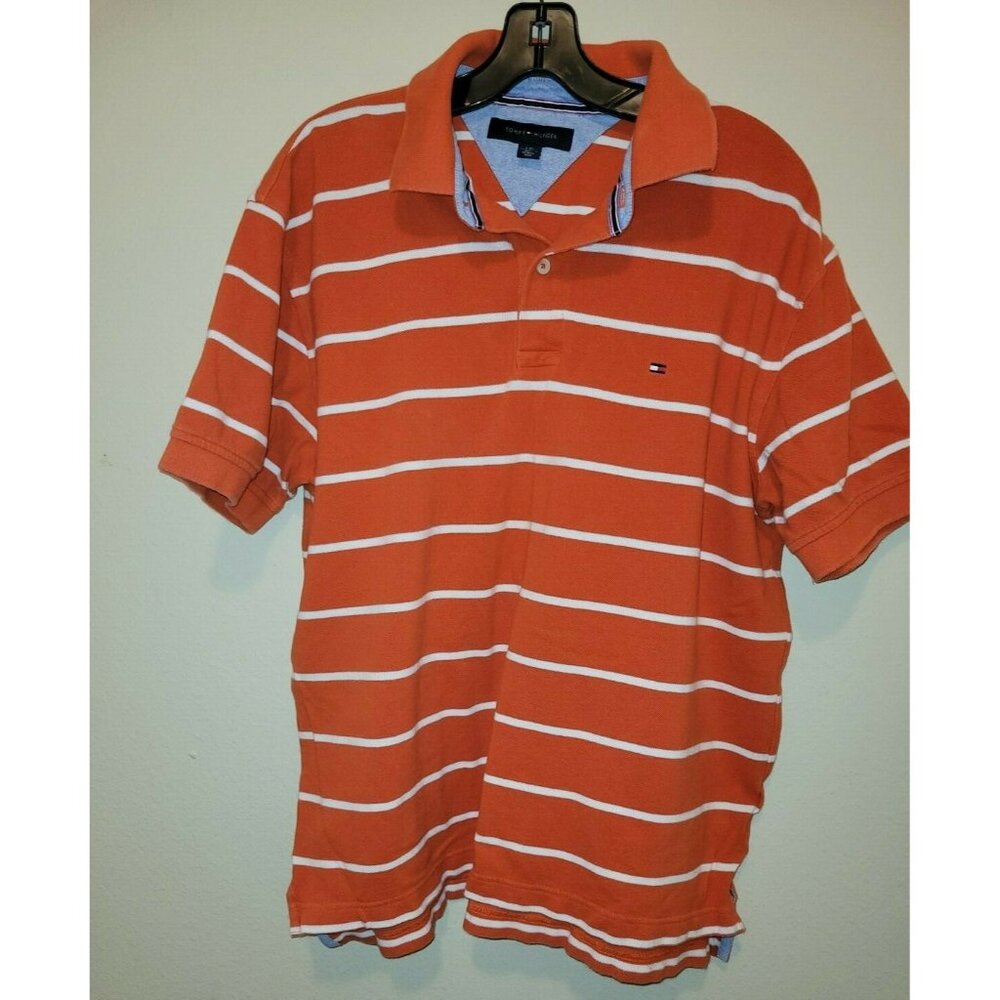 Tommy Hilfiger Polo T-Shirt Mens  Size L Orange With White Stripes